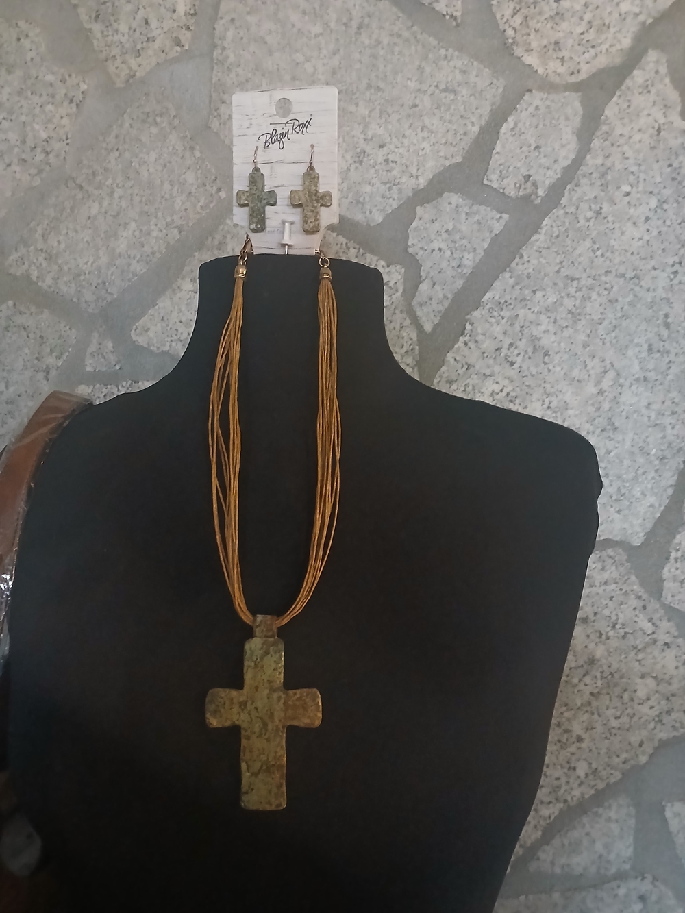Blazin Roxx Green Cross Pendant Necklace with Tan Multi-Strand Cord